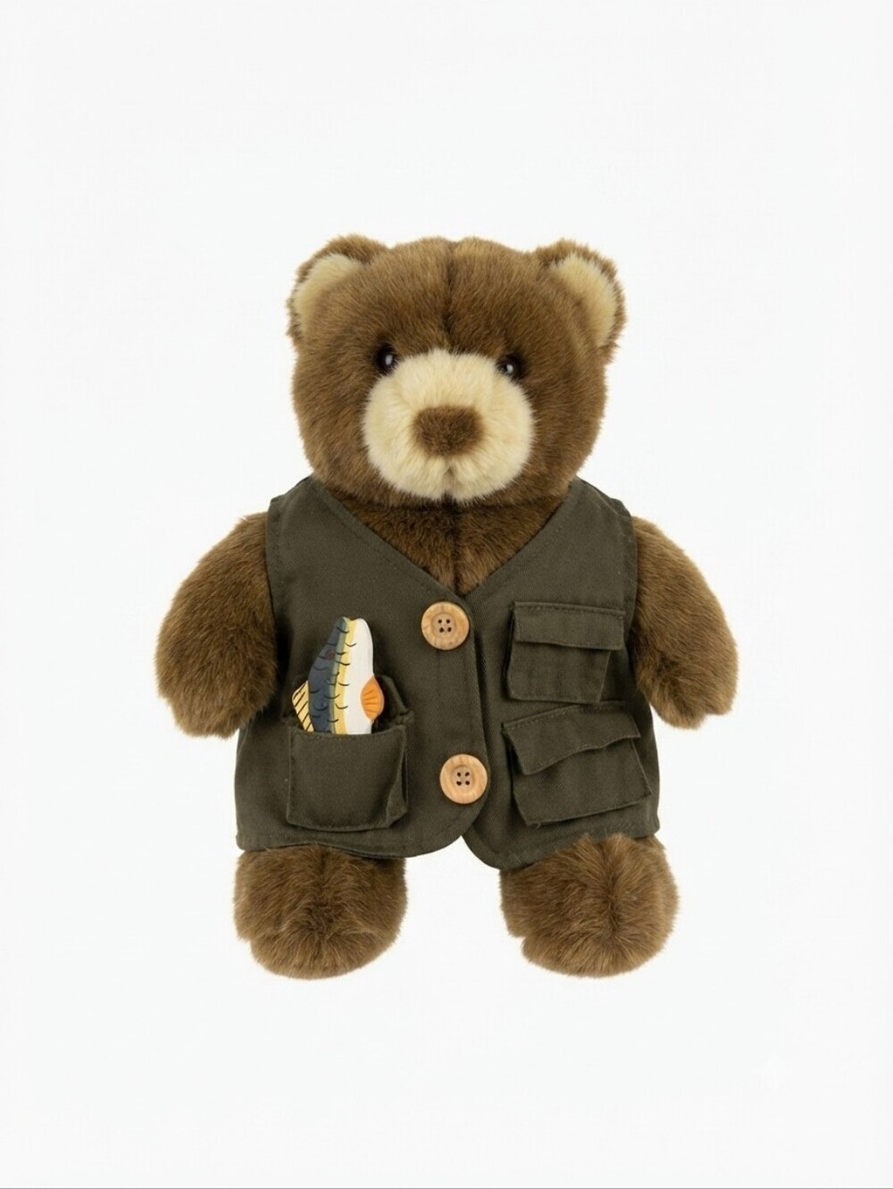 Vintage Build-A-Bear Workshop Teddy Bear with Fisherman Vest & Wooden Fish Acces